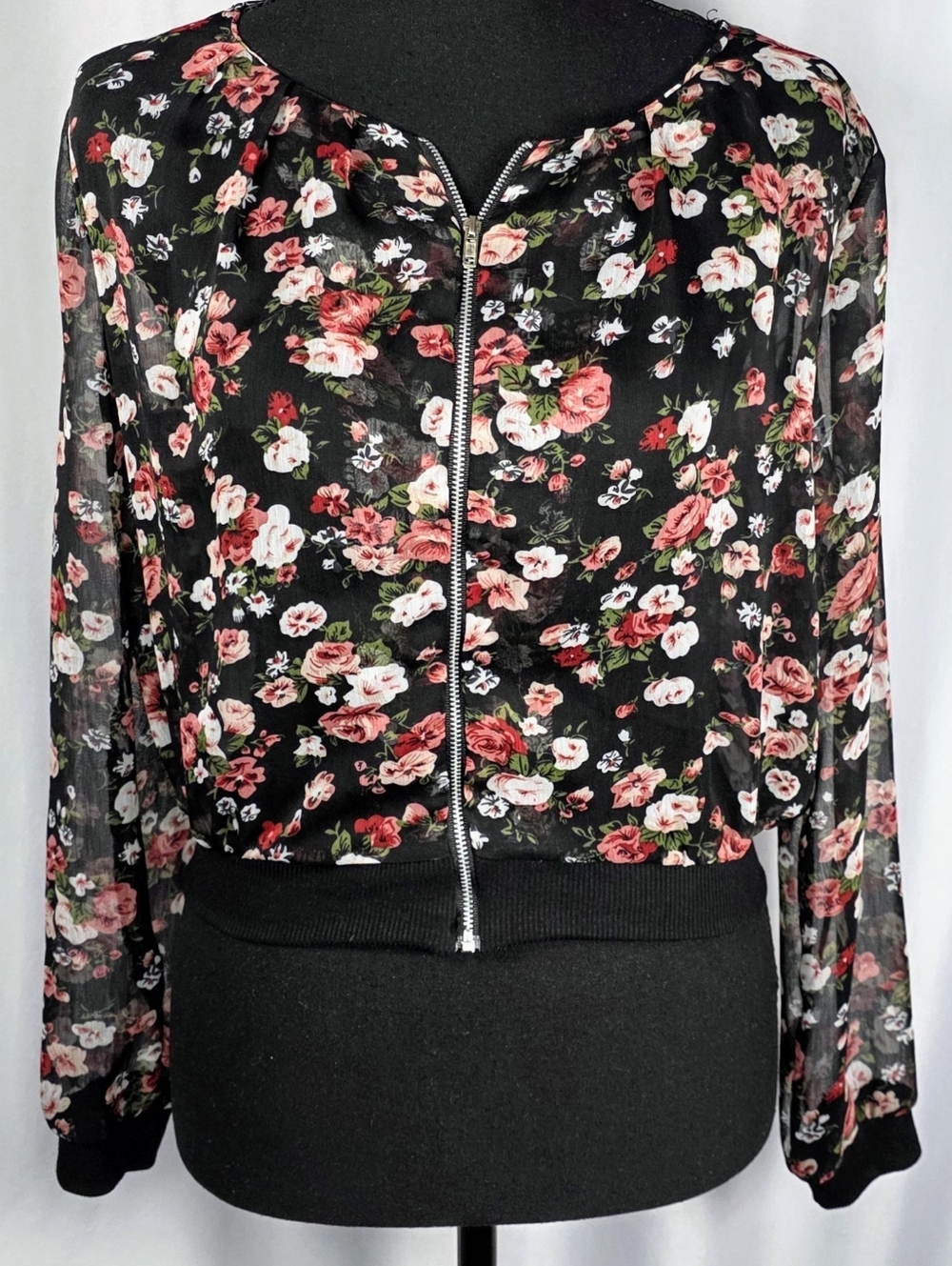 Finejo Floral Sheer Sleeve Zip Front Blouse Black Pink Womens Top